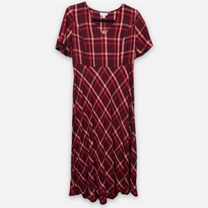 J. Jill Burgundy Plaid Midi Dress Women's XS Collegiate Academia Balletbore Boho